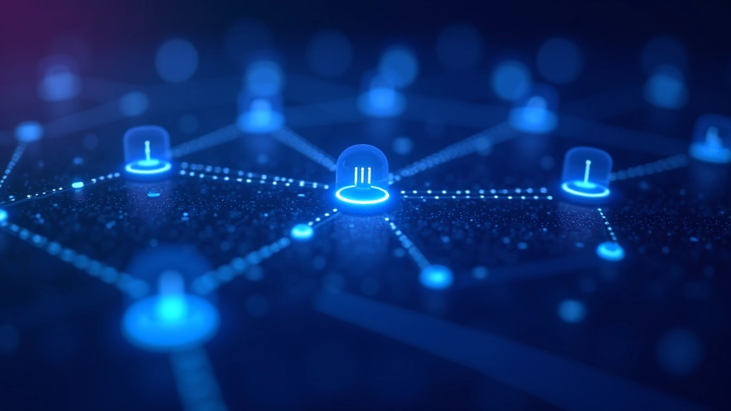 Blockchain tinklo diagrama su sujungtais blokaisi ir kriptografiniais raktais, saugios operacijos vizualizacija