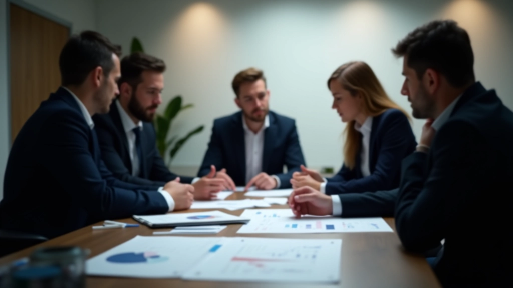 Grupė verslo profesionalų analizuojančių finansines ataskaitas ir ROI metrikas