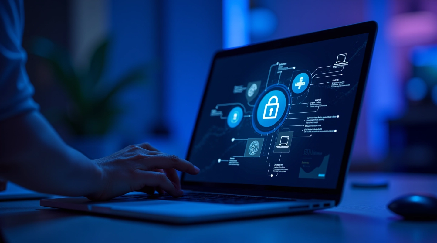 Nešiojamasis kompiuteris ant stalo su blockchain sąlyčio schemomis ir duomenų blokais